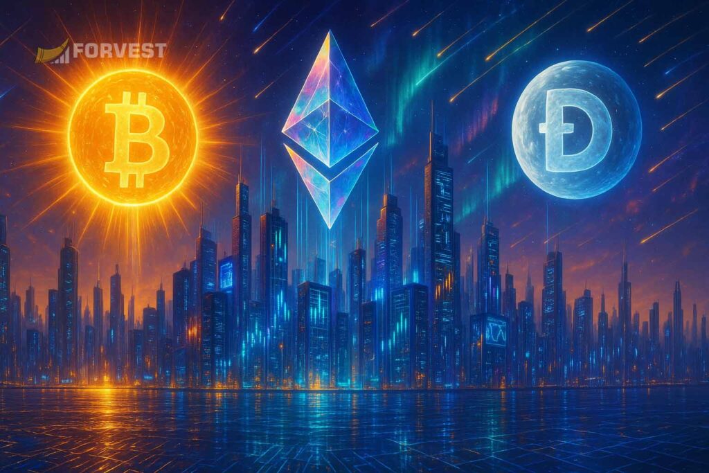 Crypto market trends 2025 featuring Bitcoin, Ethereum, and Dogecoin with futuristic skyline illustration.