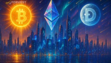 Crypto market trends 2025 featuring Bitcoin, Ethereum, and Dogecoin with futuristic skyline illustration.