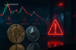 Crypto risks illustration showing Bitcoin and Ethereum with warning icons for hacks, volatility, and regulation in 2025.