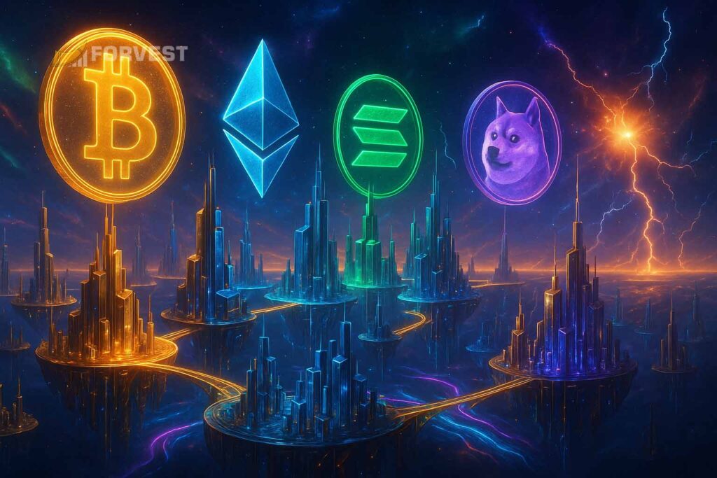 Futuristic digital city with glowing Bitcoin, Ethereum, Solana, and Dogecoin symbols in the sky – luxury crypto market concept