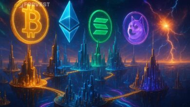 Futuristic digital city with glowing Bitcoin, Ethereum, Solana, and Dogecoin symbols in the sky – luxury crypto market concept